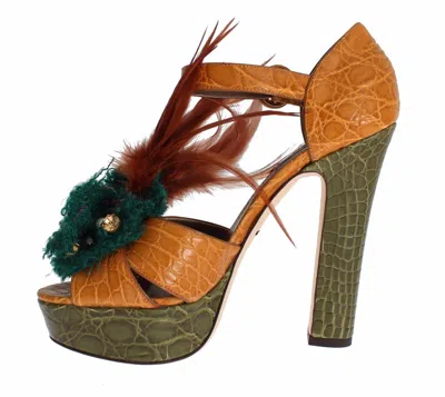 Dolce & Gabbana Multicolor Crystal Ankle Strap Platform Sandals In Orange