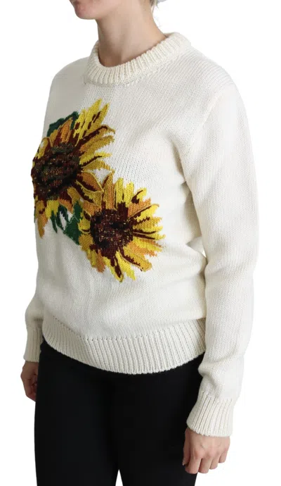 Dolce & Gabbana Wool Pullover Sunflower Crew Neck Sweater In White