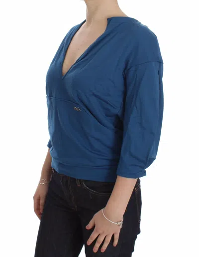 Exte Blue Cotton Top Pullover Deep V-neck Women Sweater In Blue