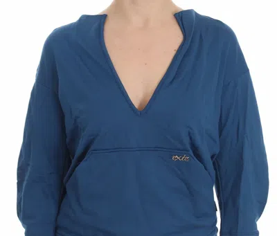 Exte Blue Cotton Top Pullover Deep V-neck Women Sweater In Blue