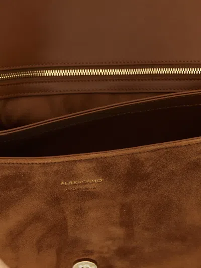 Ferragamo Suede With Gancini Hardware Shoulder Bag In Brown