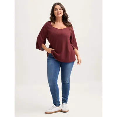 Bloomchic Split Bell Sleeve Waffle T-shirt In Brown