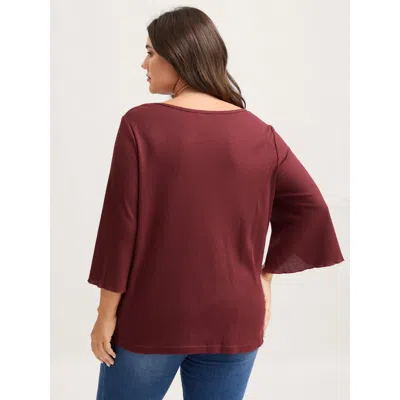 Bloomchic Split Bell Sleeve Waffle T-shirt In Brown