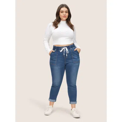Bloomchic Pull-on Drawstring Folded Hem Boyfriend Jeans In Blue