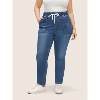Bloomchic Pull-on Drawstring Folded Hem Boyfriend Jeans In Blue