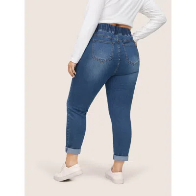 Bloomchic Pull-on Drawstring Folded Hem Boyfriend Jeans In Blue