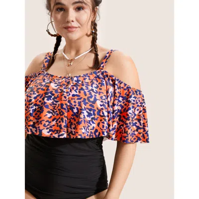 Bloomchic Leopard Patchwork Cold Shoulder One Piece Swimsuit In Orange