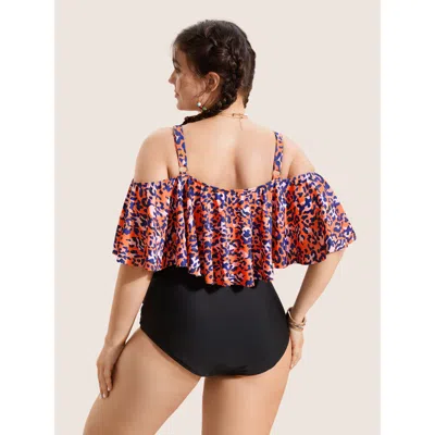 Bloomchic Leopard Patchwork Cold Shoulder One Piece Swimsuit In Orange
