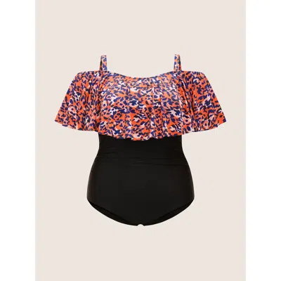 Bloomchic Leopard Patchwork Cold Shoulder One Piece Swimsuit In Orange