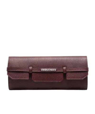 Dsquared2 Logo-plaque Pebbled-leather Clutch Bag In Burgundy