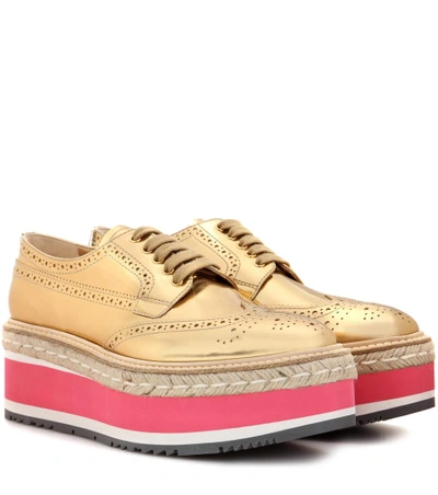 Shop Prada Wingtip Leather Brogues In Gold