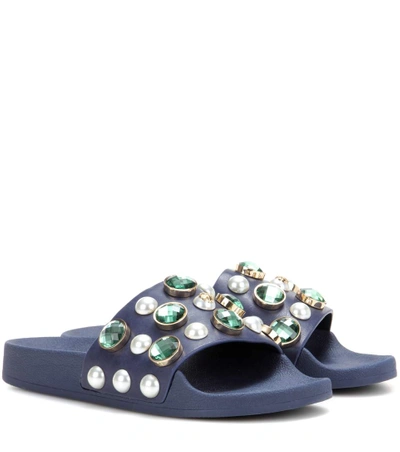 Shop Tory Burch Vail Embellished Leather Slide Sandals In Eavy Sea