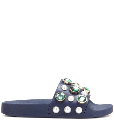 Shop Tory Burch Vail Embellished Leather Slide Sandals In Eavy Sea