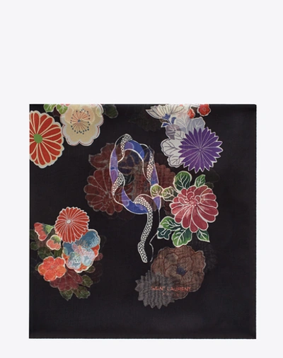 Saint Laurent Love Large Square Scarf In Black And Multicolor Floral Print In Black-multi