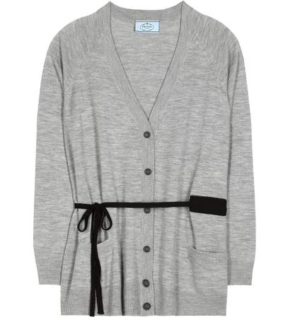 Prada Belted Wool Cardigan In Grey