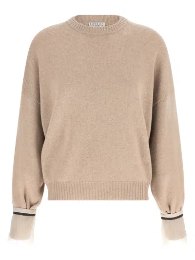 Brunello Cucinelli Beige Solid Crew Neck Sweater In Sand