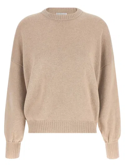 Brunello Cucinelli Beige Solid Crew Neck Sweater In Sand