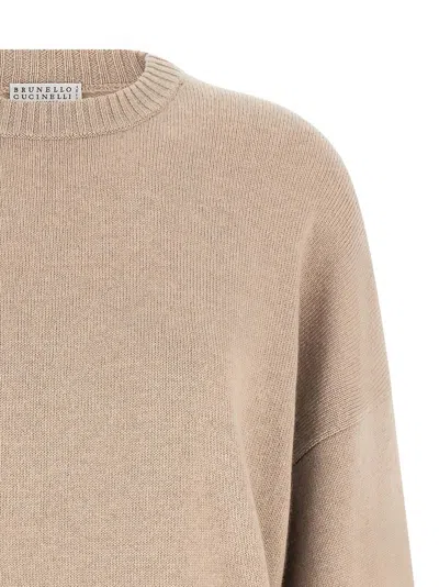 Brunello Cucinelli Beige Solid Crew Neck Sweater In Sand