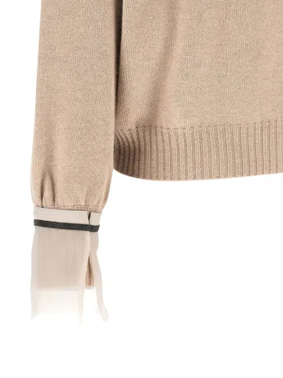 Brunello Cucinelli Beige Solid Crew Neck Sweater In Sand