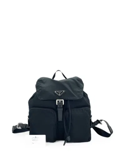 Pre-owned Prada 2010s Buckled Drawstring Backpack In Black