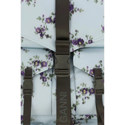 Ganni Re-tech Nylon Backpack With Floral Pattern In Blue