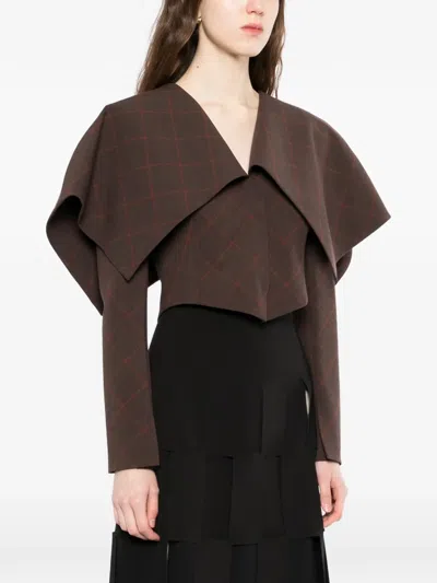 A.w.a.k.e. Collared Checked Stretch-wool Cropped Blazer In Brown