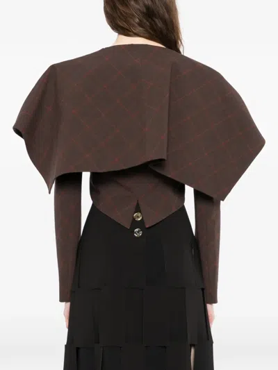 A.w.a.k.e. Collared Checked Stretch-wool Cropped Blazer In Brown