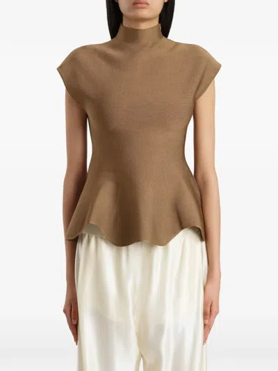 Khaite Andra Stretch-knit Turtleneck Peplum Top In Brown