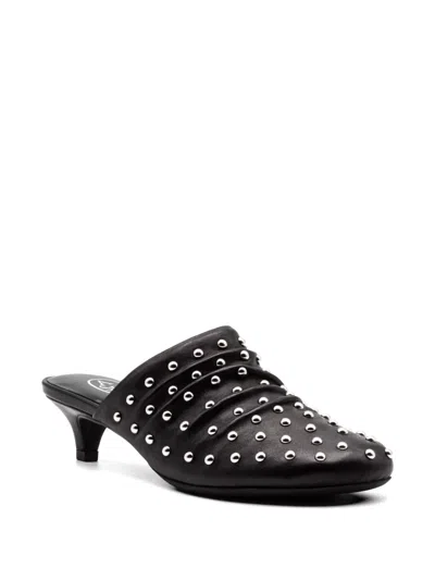 Ash Leather Kitten Heel Mules Open Back In Black