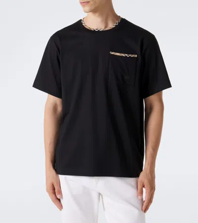 Burberry Cotton Logo T-shirt With Checkered Trim And Chest Pocket In Black