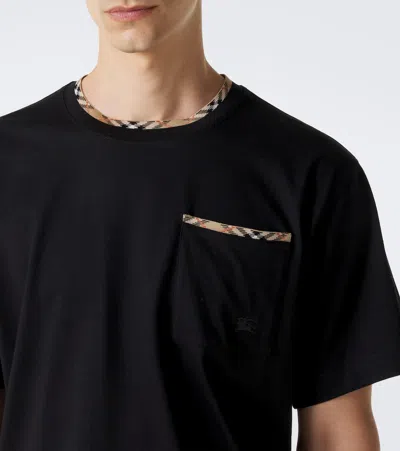 Burberry Cotton Logo T-shirt With Checkered Trim And Chest Pocket In Black