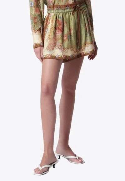 Zimmermann Indra Relaxed Silk Shorts Khaki Scarf Floral In Multicolor