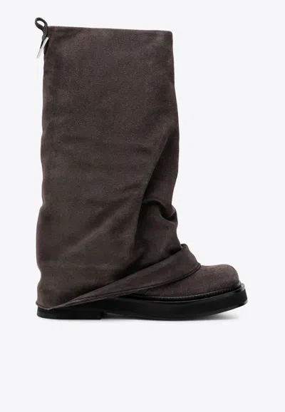 Attico Robin Rounded Square Toe Soft Suede Boots In Gray