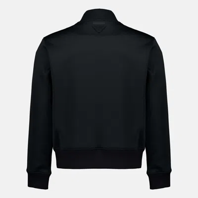 Prada Stretch Polyester Bomber Jacket Front Pockets In Black