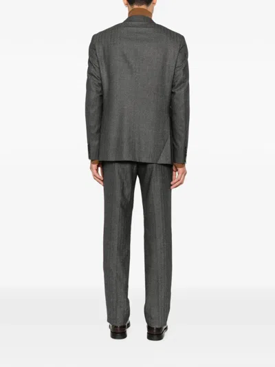 Canali Herringbone-pattern Wool Suit In Gray