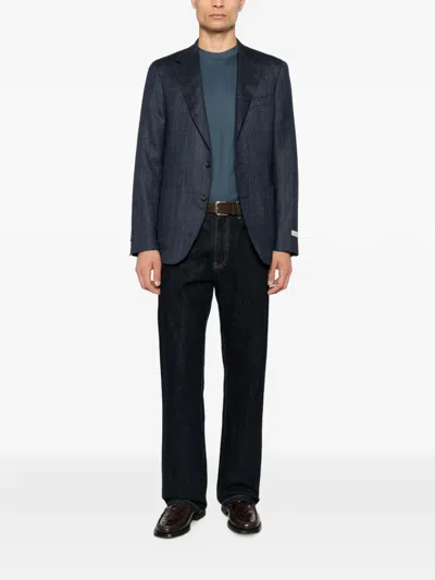 Canali Herringbone-weave Notched-lapel Blazer In Blue