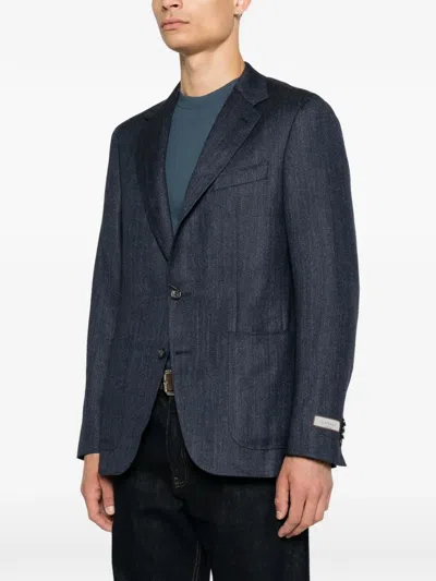 Canali Herringbone-weave Notched-lapel Blazer In Blue