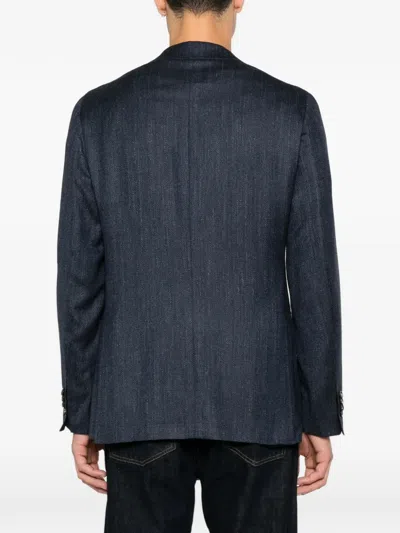 Canali Herringbone-weave Notched-lapel Blazer In Blue