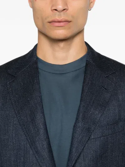 Canali Herringbone-weave Notched-lapel Blazer In Blue
