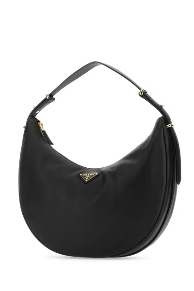 Prada Triangle Logo Plaque Moon Shaped Shoulder Bag In Black