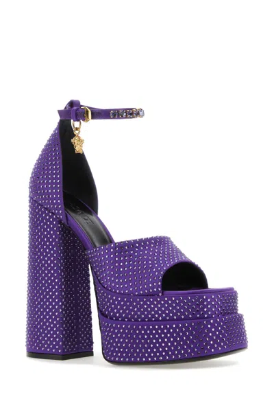 Versace Crystal-studded Platform Sandal In Blue