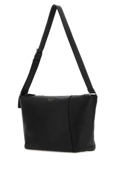 Prada Logo Stamp Leather Shoulder Bag In Black