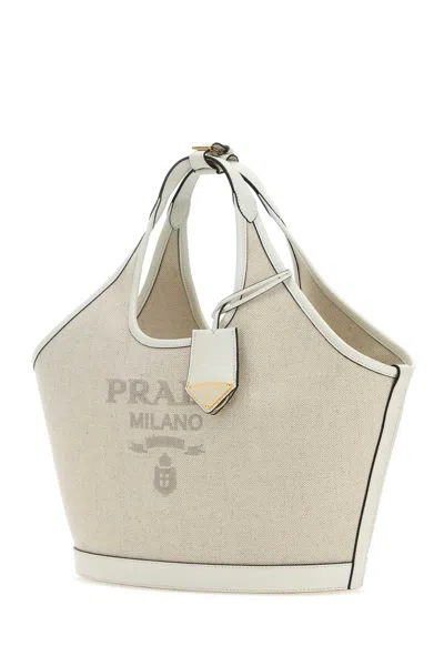Prada Sand Canvas Handbag 34cm X 23cm X 13cm In Neutral