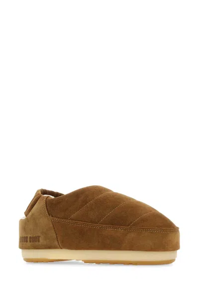 Moon Boot Elasticated Band Suede Slippers In Brown