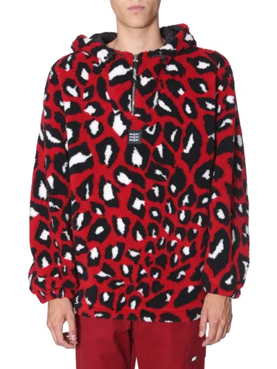 Msgm Abstract Leopard Print Oversized Shearling Jacket In Red