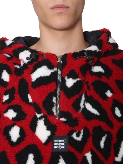 Msgm Abstract Leopard Print Oversized Shearling Jacket In Red