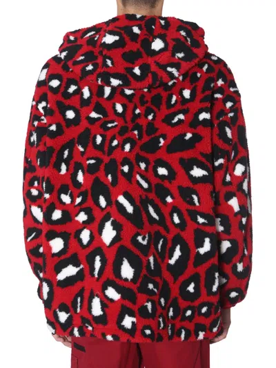 Msgm Abstract Leopard Print Oversized Shearling Jacket In Red
