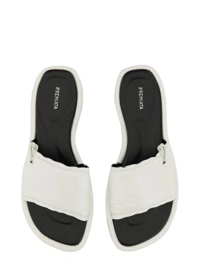 Premiata White Slide Sandal With Lamb Leather Upper In White