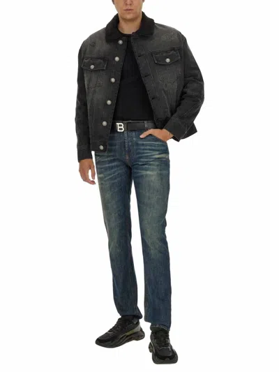 Balmain Distressed Shearling Collar Jacket In Black