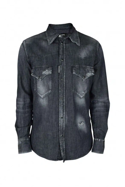 Dsquared2 Man Denim Shirt Charcoal Size 44 Cotton In Black